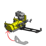 A Rammy brand yellow and gray agricultural attachment or skid steer-mounted machine component shown on a white background, with a red arrow pointing to the front attachment and a separate gray part floating below. 74130286 - SKI - RAMMY PARTS