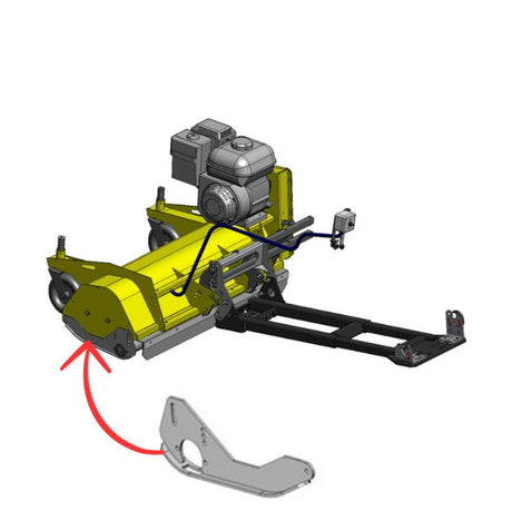 A Rammy brand yellow and gray agricultural attachment or skid steer-mounted machine component shown on a white background, with a red arrow pointing to the front attachment and a separate gray part floating below. 74130286 - SKI - RAMMY PARTS