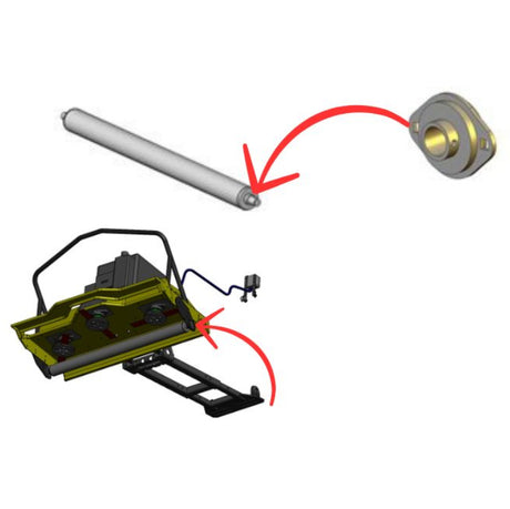 Rammy brand diagram showing a silver cylindrical rod and a gold-toned circular component connected by red arrows, with a black and olive-green mechanical assembly below on a white background. 74130302-1 - BEARING (ROLLER) - RAMMY PARTS