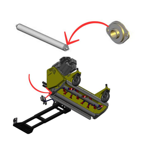 Rammy agricultural implement diagram showing a yellow-green wheel-mounted attachment with a long silver shaft and a round metal component, connected by red arrows on a white background. 74130302-1 - BEARING (ROLLER) - RAMMY PARTS