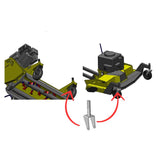 Rammy brand instruction graphic showing a lawn mower with red arrows pointing to wheel mounting areas and a separate metal wheel clamp accessory below, on a white background. 74130305 - WHEEL FRAME - RAMMY PARTS