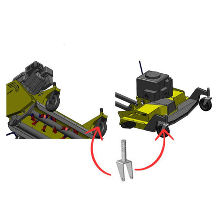 Rammy brand instruction graphic showing a lawn mower with red arrows pointing to wheel mounting areas and a separate metal wheel clamp accessory below, on a white background. 74130305 - WHEEL FRAME - RAMMY PARTS