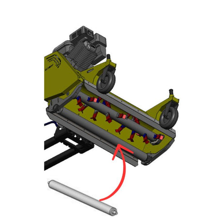 Rammy agricultural attachment shown in a 3D exploded-style view on a white background, with a red arrow pointing to a long silver cylindrical component and the Rammy logo in the top left. 74130312 - ROLLER REAR - RAMMY PARTS