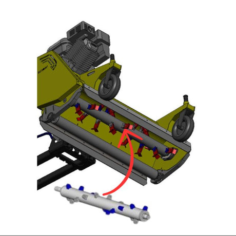 Rammy brand agricultural implement or attachment shown in a 3D rendered view on a white background, with a separate white cylindrical component below connected by a red arrow. 74130344 - DRUM - RAMMY PARTS