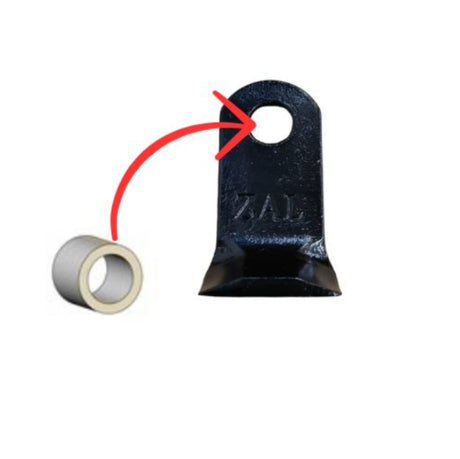 A black metal mounting bracket with a circular hole and a small silver metal ring shown beside it, with a red arrow pointing from the ring to the bracket. The RAMMY logo appears in the top-left corner on a plain white background. 74130437 - SLEEVE BLADE - RAMMY PARTS