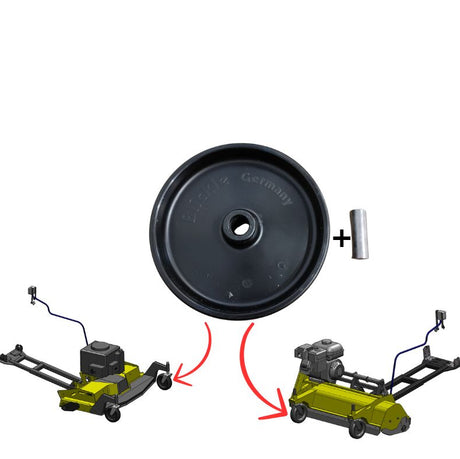 Rammy lawn mower replacement parts diagram showing a black circular wheel hub and a silver cylindrical component, with two yellow and black lawn mowers connected by red arrows on a white background. 74130498 - WHEEL &amp; SLEEVE - RAMMY PARTS