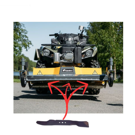 Rammy front bumper attachment shown installed on a black ATV outdoors, with a red arrow pointing to the bumper and a separate black mounting pad graphic below. Rammy logo appears at top left. 74130745 - BIO MULCHING BLADES (3 PC) - RAMMY PARTS