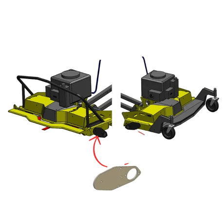 A Rammy brand lawn mower diagram showing two views of the mower with red arrows pointing to the lower attachment area and a separate gray cover part below, on a white background. 74130904 - ROLLER BRACKET - RAMMY PARTS