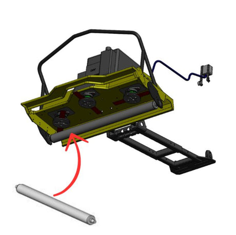 Rammy brand mechanical attachment shown on a white background, with a red arrow pointing from a separate silver cylindrical part to the mounted component, indicating an included accessory or installation reference. 74130971 - ROLLER - RAMMY PARTS
