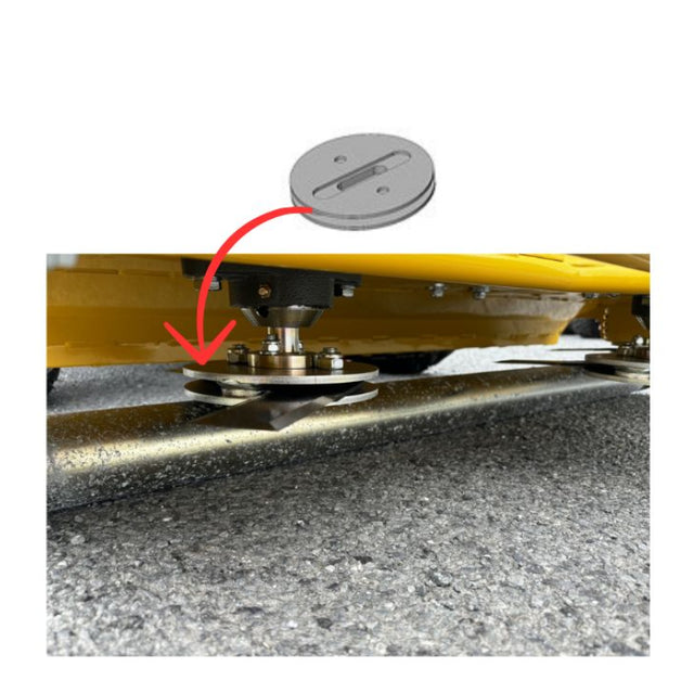 RAMMY brand close-up of a mechanical undercarriage component mounted beneath a yellow machine, with a red arrow pointing to the part and a small circular product inset above. The background is white. 74130988 - BLADE MOUNTING FLANGE - RAMMY PARTS