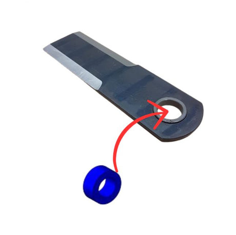 Rammy brand replacement blade attachment with a dark gray metal blade, a red curved cable, and a blue ring component on a white background. 74130992 - BLADE BUSHING - RAMMY PARTS