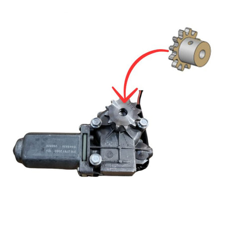 Rammy brand automotive part diagram showing a dark metal mechanical assembly with a red arrow pointing to a separate metal sprocket/gear component on a white background. 74131072 - GEAR WHEEL - RAMMY PARTS