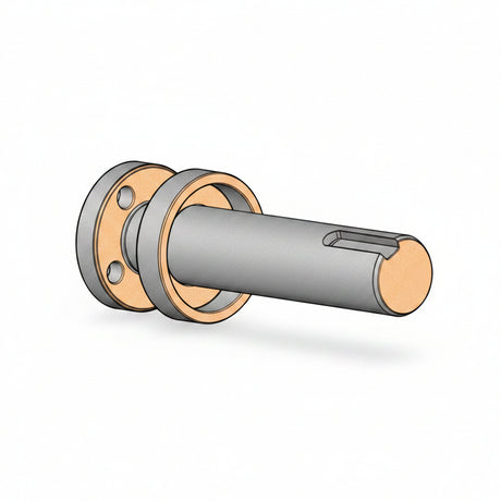 A 3D CAD rendering of a cylindrical metal bearing or bushing with a silver body, gold-toned inner ring, and a copper-colored end cap, shown on a plain white background. 74131169 - SHAFT SHORT - RAMMY PARTS