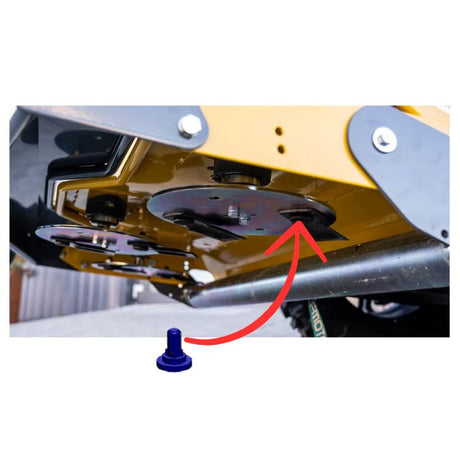 Rammy brand product diagram showing a blue cylindrical component connected by a red arrow to a yellow and black mechanical undercarriage part. 74131263 - SCREW &amp; NUT (MOWER BLADE) - RAMMY PARTS