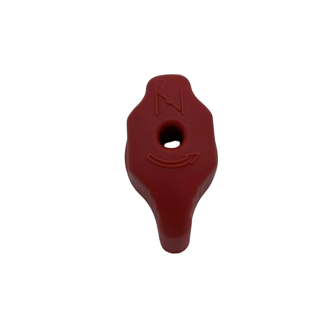 A small red plastic component with a central hole and embossed symbols, photographed on a plain light background. 791948 - KNOB-CHOKE SHAFT - BRIGGS &amp; STRATTON PARTS