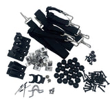 A hardware accessory kit laid out on a white background, including black straps with silver metal clips, black mounting brackets, silver metal clips and fasteners, black rubber pads, and black screws. 900-0030 - HARDWARE BAG - ARGO PARTS
