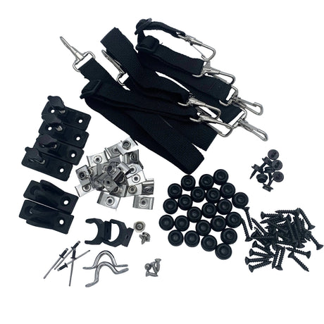 A hardware accessory kit laid out on a white background, including black straps with silver metal clips, black mounting brackets, silver metal clips and fasteners, black rubber pads, and black screws. 900-0030 - HARDWARE BAG - ARGO PARTS