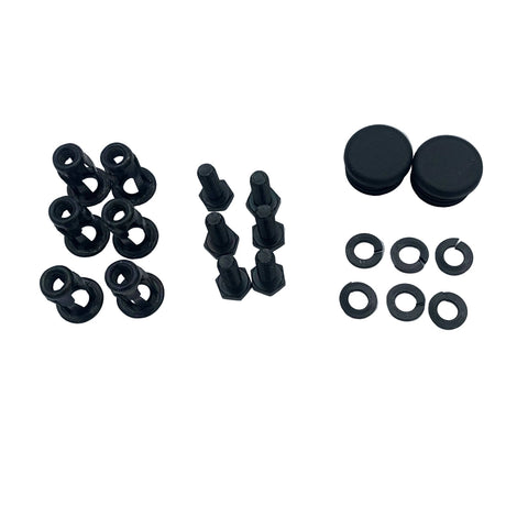 A set of black plastic hardware components, including four pairs of flat washers, four hex-head screws, and four larger circular end caps, arranged on a light gray surface. 900-0065HDW - HARDWARE, HANDRAIL ACC - 8X8 - ARGO PARTS