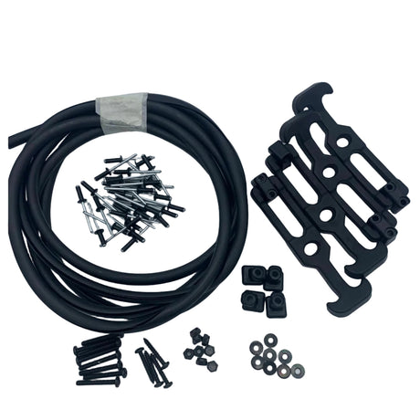 Black mounting hardware kit including a coiled black cable, black brackets, screws, washers, and small hardware pieces on a white background. 900-0075-HDW - HARDWARE, CARGO LINER, REAR - 8X8 - ARGO PARTS