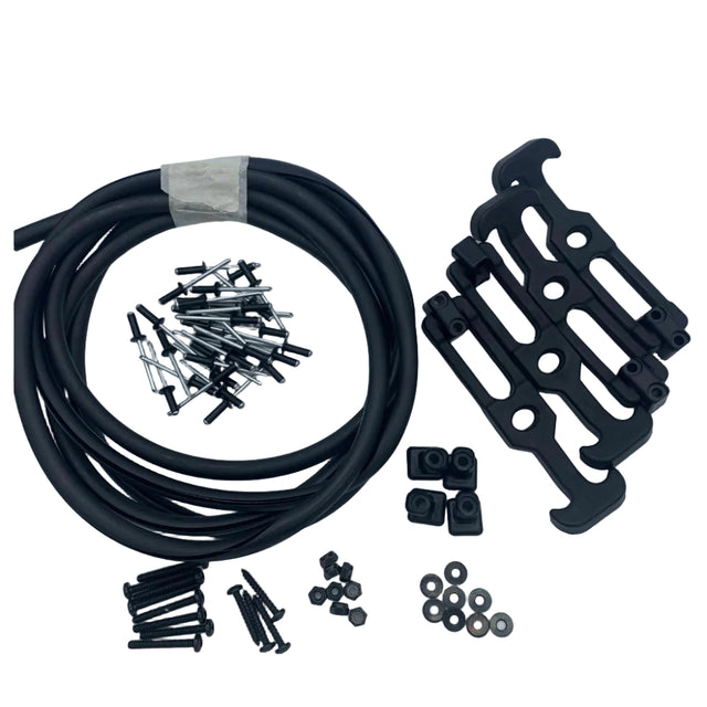Black mounting hardware kit including a coiled black cable, black brackets, screws, washers, and small hardware pieces on a white background. 900-0075-HDW - HARDWARE, CARGO LINER, REAR - 8X8 - ARGO PARTS