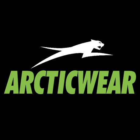 Arcticwear logo featuring a white leaping cat silhouette above bold green text on a solid black background.