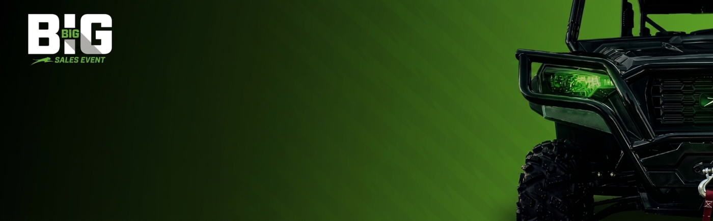 Promotional banner for Big Rig Sales Event, featuring a dark green UTV vehicle on the right side against a dark green gradient background with the 'BIG SALES EVENT' logo in the top-left corner.