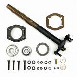 A mechanical repair kit laid out on a white background, including a long black and bronze shaft, two circular gaskets, two metal bearings, several black bolts, washers, nuts, and a small brass screw. BAK-220HDB-AM - HD 1.25" BEARING, AXLE &amp; FLANGE KIT - MIDDLE (2010-2017) - AFTERMARKET