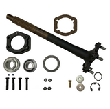 A set of mechanical hardware and bearings laid out on a white background, including a long metal shaft, black housing components, two ball bearings, two needle bearings, several black and silver washers and clips, screws, and a circular gasket. BAK-320HDB - HD 1.375" BEARING, AXLE &amp; FLANGE KIT - MIDDLE (2017+)