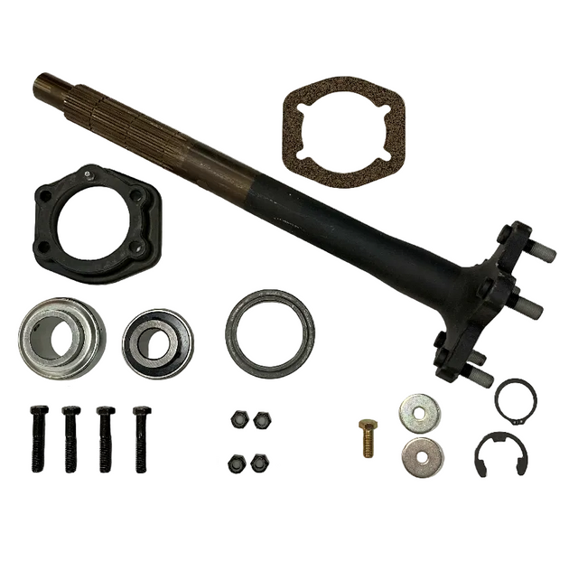 A set of mechanical hardware and bearings laid out on a white background, including a long metal shaft, black housing components, two ball bearings, two needle bearings, several black and silver washers and clips, screws, and a circular gasket. BAK-320HDB-AM - HD 1.375" BEARING, AXLE &amp; FLANGE KIT - MIDDLE (2017+) - AFTERMARKET