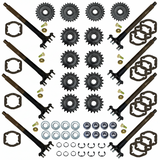 A complete mechanical parts kit laid out on a white background, including black sprockets, dark metal shafts with splined ends, small silver and gold hardware, washers, clips, and gaskets. BAK-400HDB-AM Argo parts