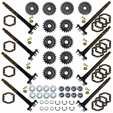 A complete mechanical parts kit laid out on a white background, including black sprockets, dark metal shafts with splined ends, small silver and gold hardware, washers, clips, and gaskets. BAK-400HDB-AM Argo parts