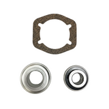 A set of mechanical replacement parts on a white background, including a brown textured gasket, two ball bearings (one showing the inner race and one showing the outer race), and two small blue screws. BK-300HDB-AM - HD 1.375" BEARING KIT - MIDDLE (2017+) - AFTERMARKET
