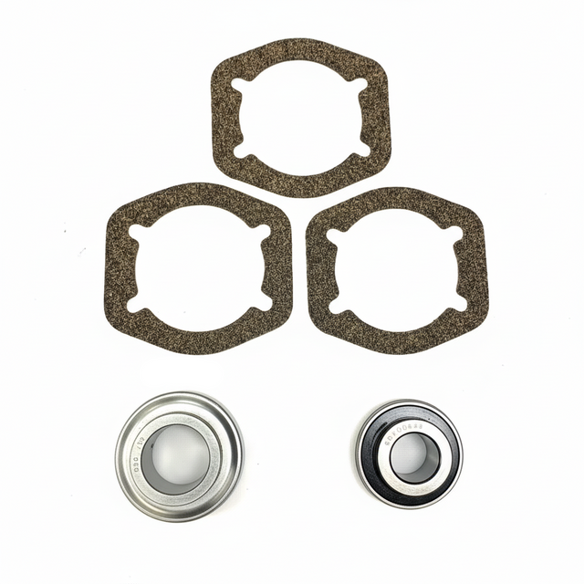A set of mechanical parts including three dark brown textured gaskets, two small blue screws, and two metal ball bearings on a plain white background. BK-301HDB-AM - HD 1.375" BEARING KIT - FRONT/REAR (2017+) - AFTERMARKET