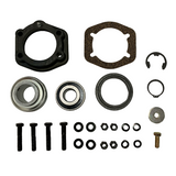 A mechanical gasket and bearing kit laid out on a white background, including black rubber gaskets, seals, washers, black and silver metal bearings, bolts, and a small brass screw. BK-310HDB-AM - HD 1.375" BEARING &amp; FLANGE KIT - MIDDLE (2017+) - AFTERMARKET