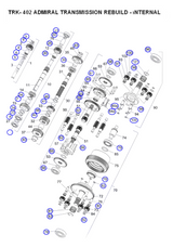 An exploded parts diagram for a TRK-402 Admiral transmission rebuild, showing numbered components on a white background.