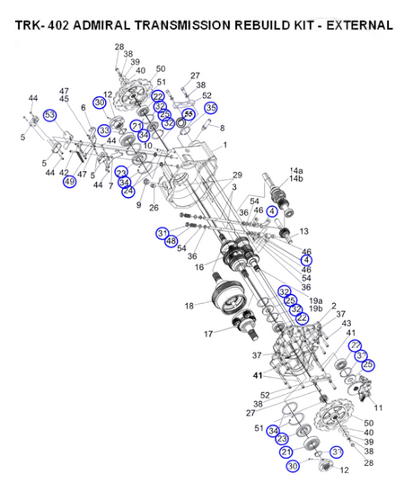 An exploded parts diagram for a TRK-402 Admiral Transmission Rebuild Kit, showing various numbered and circled components arranged diagonally on a white background with black text at the top.